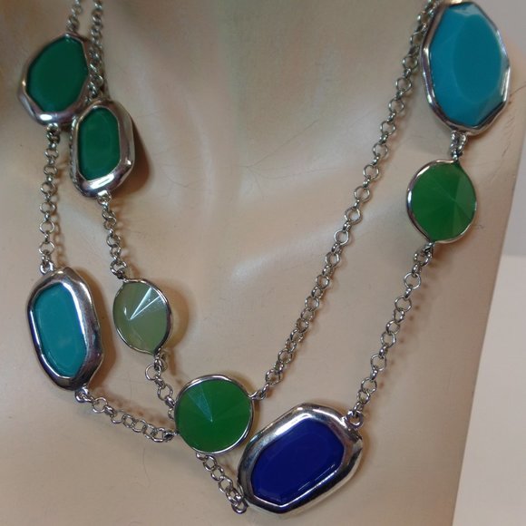 Premier Designs (PD) Silvertone Blues & Greens 36" Necklace - Picture 1 of 14